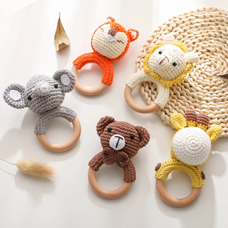 Baby Rattle Toys Wooden Teether Crochet Animals - MotherNest